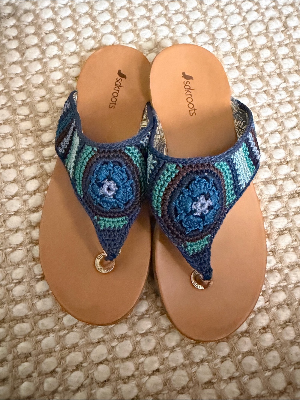 Sakroots Navy & Teal Crochet Thong Sandals 8